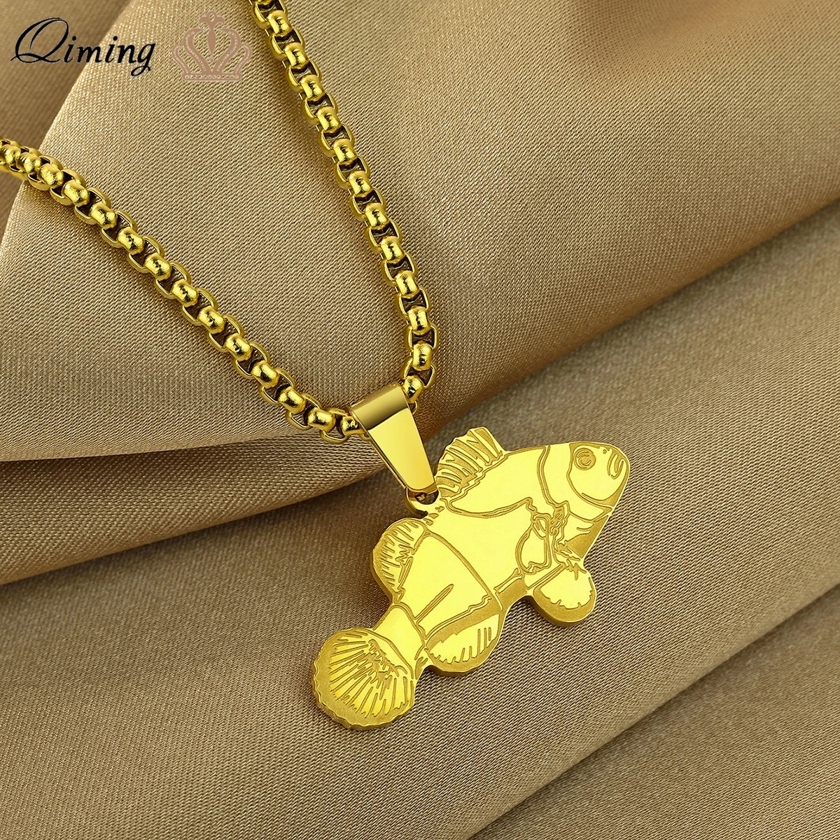 Ожерелье QIMING из нержавеющей стали с кулоном в виде рыбы клоун для женщин и мужчин