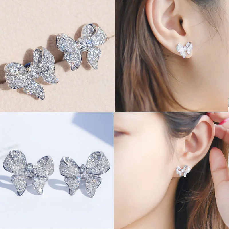 

Korean Style Luxury Ladies Women's Bowknot Inlaid Crystal Zircon Rhinestone Female Stud Earrings for Party Jewelry Accessories