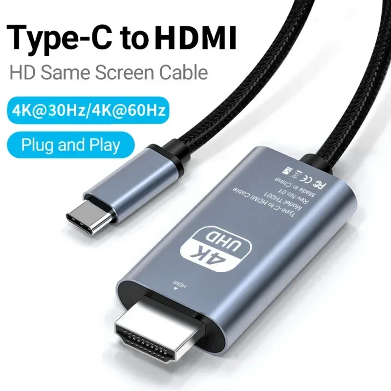 Кабель USB C к HDMI 2 м/6 6 фута 4K 30/60 Гц Тип HD ТВ-конвертер-адаптер для IPhone 15 MacBook Pro/Air IPad