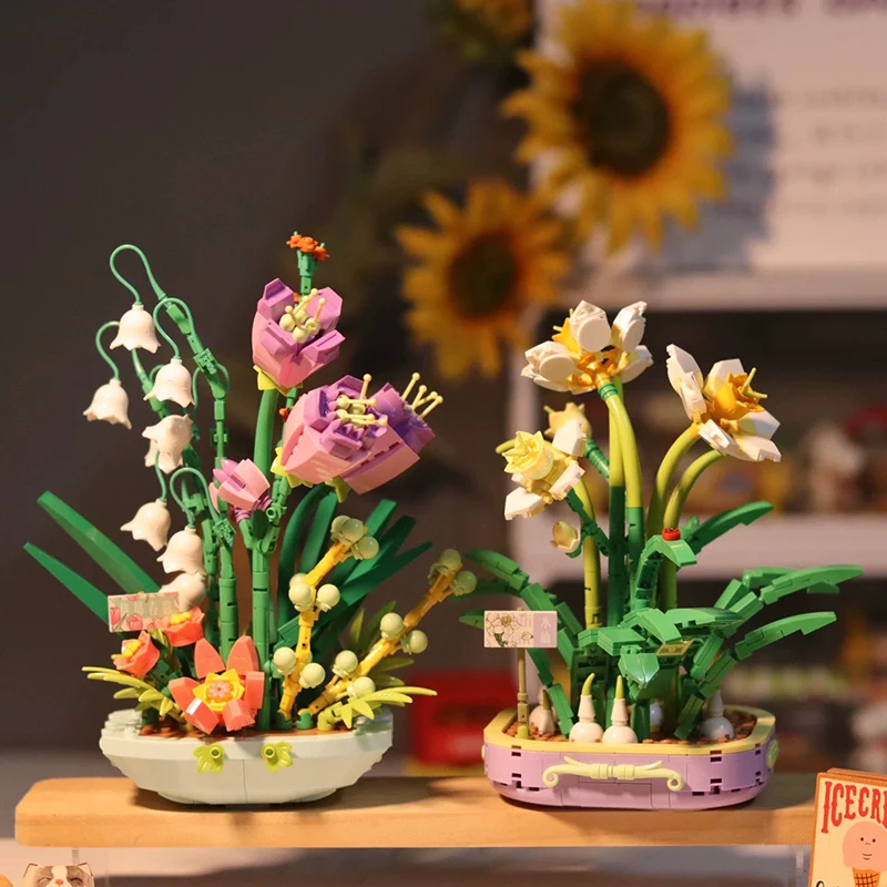 

Mini Block DIY Flowers Narcissus Tulip Bouquet Plant Potted Building Blocks Assembly Bricks Toys Desktop Decor Girls Adults Gift