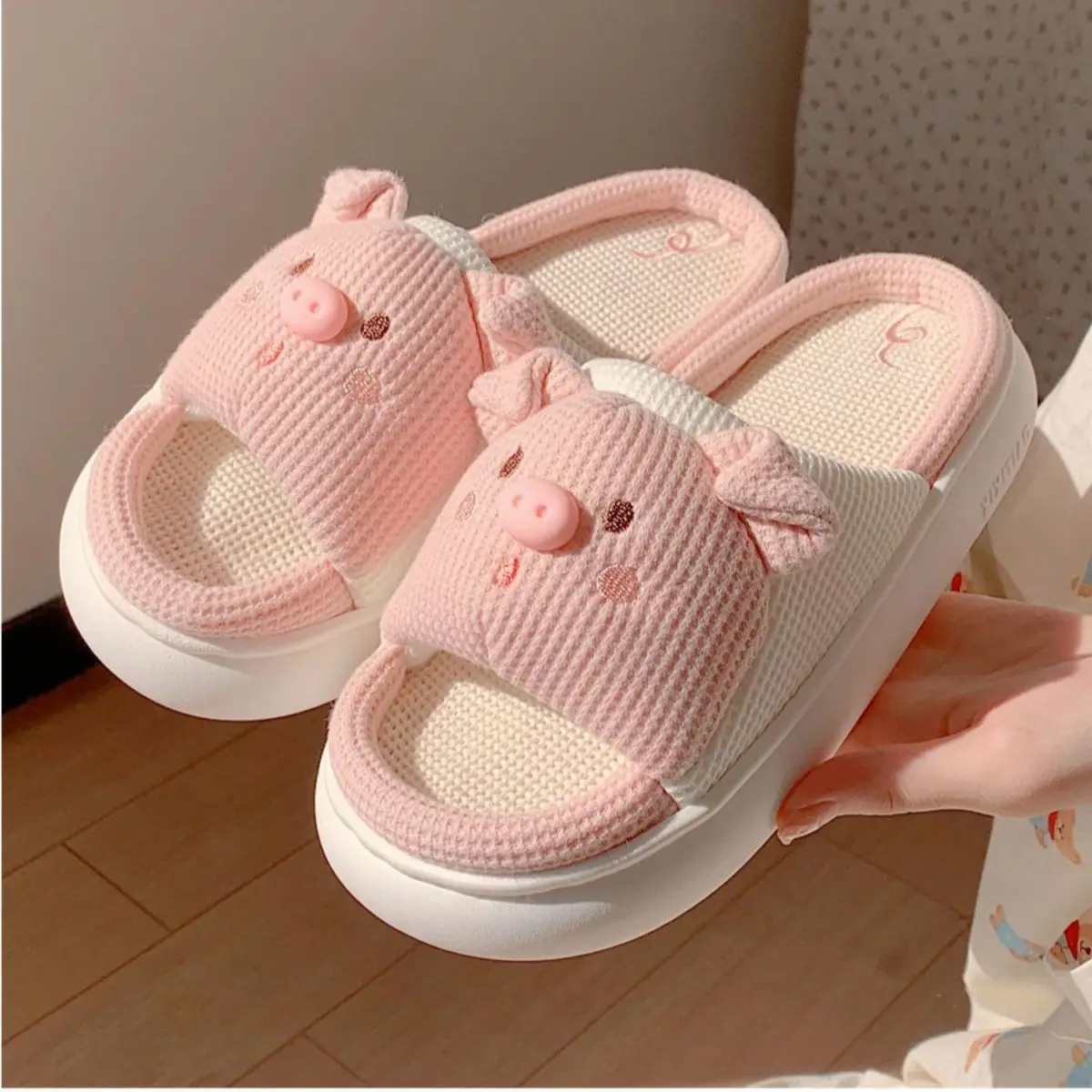 Yasuk All Season Women's Casual Simple Indoor And Outside Home Slippers Non-Slip Cute Pink Pig Versatile Cotton Linen Sweet Girl
