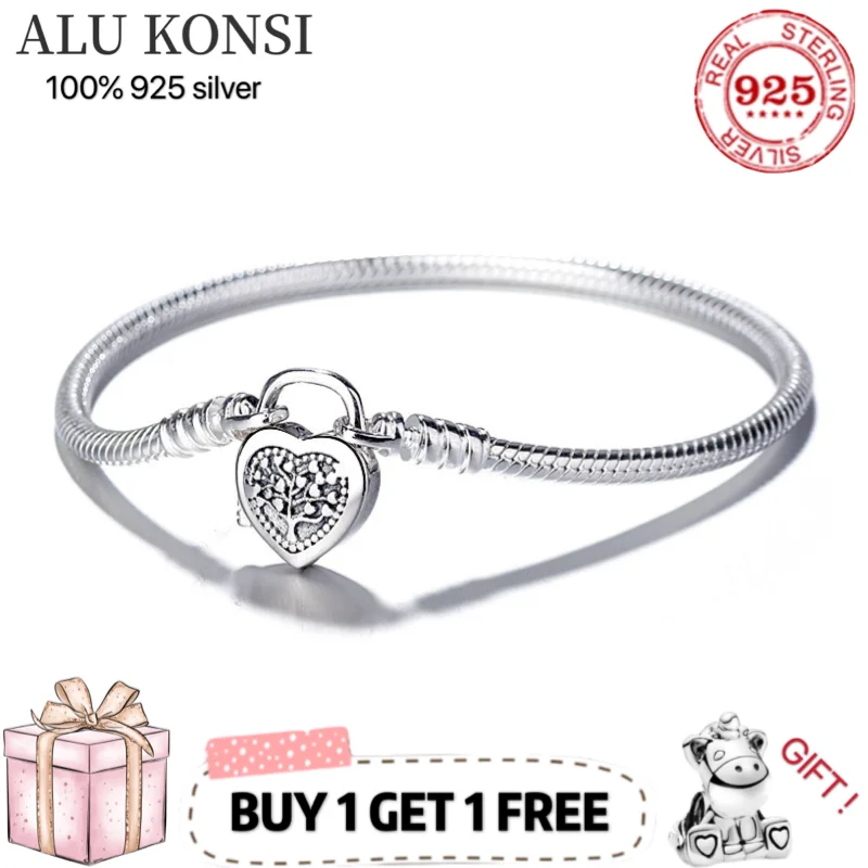 

Hot Sale 100% Real 925 Sterling Silver pan Bracelet for Women Fit Original Love heart snake Charms Bangle high quality Jewelry