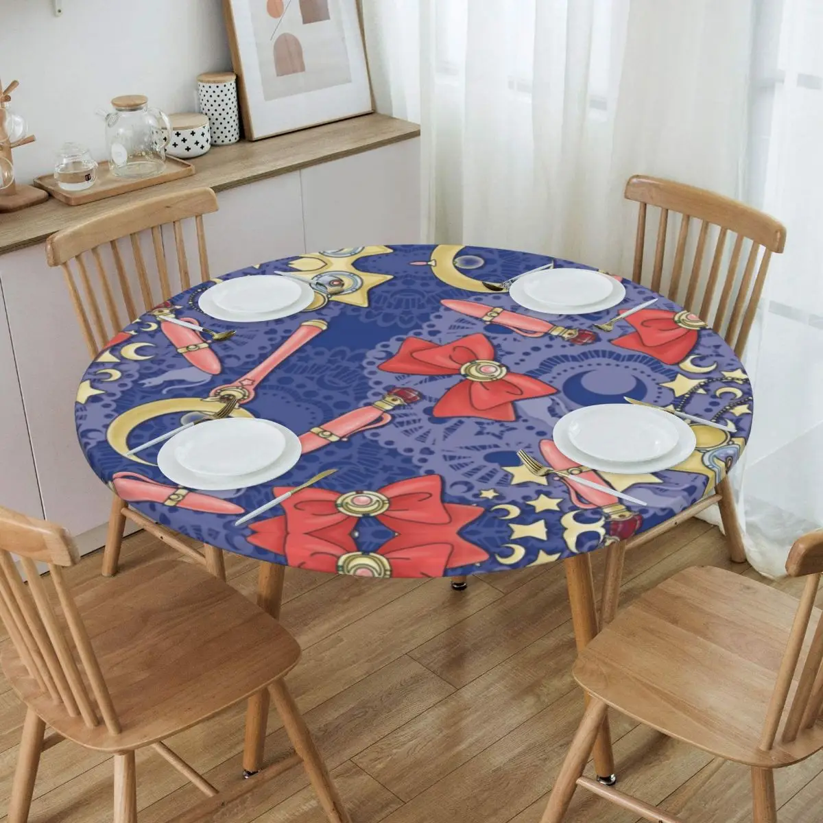 

Round Waterproof Oil-Proof Sailors Moon Prism Power Scatter Print Tablecloth Backed Elastic Edge Table Cover 45"-50 Table Cloth