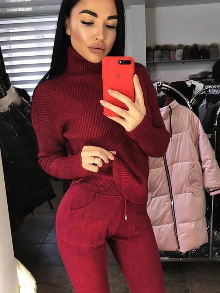 Осенне-зимний свитер комплект из двух предметов Женский облегающий Однотонный