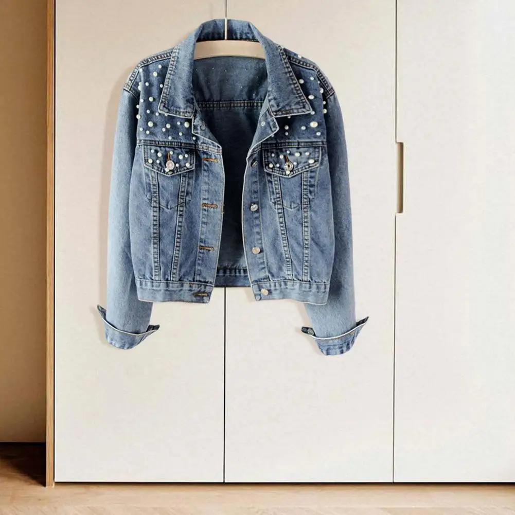

Chic Women Denim Jacket Loose Type Lady Denim Jacket Keep Warm Easy to Match Lady Denim Jacket Plus Size