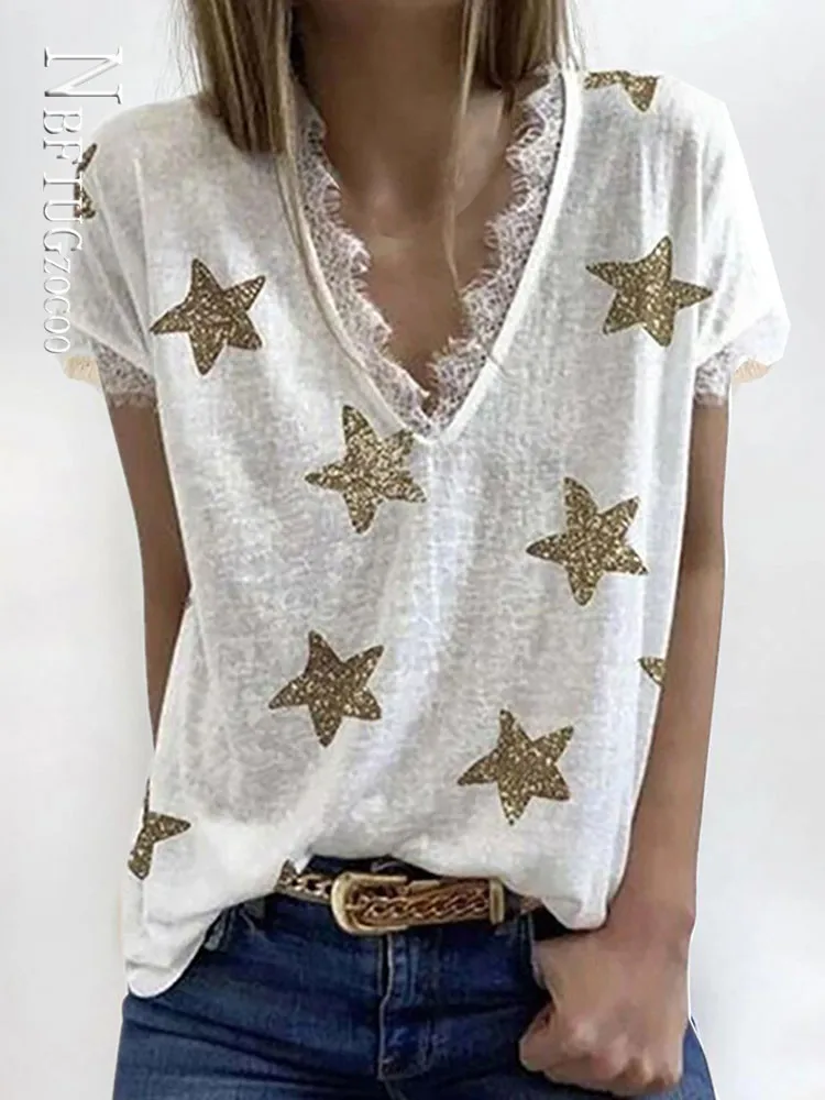 

Summer Tops Lace Patchwork Short Sleeve Basic Tees Female Clothing