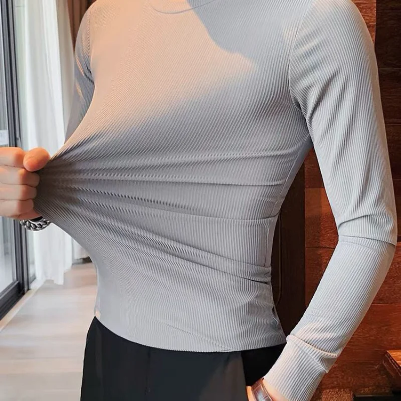 

Men's Clothing Long Sleeve Tight O Neck T-shirt Slim Fit Tops Solid Pullovers Stripe Fashion Korean Gym New Casual Autumn Spring