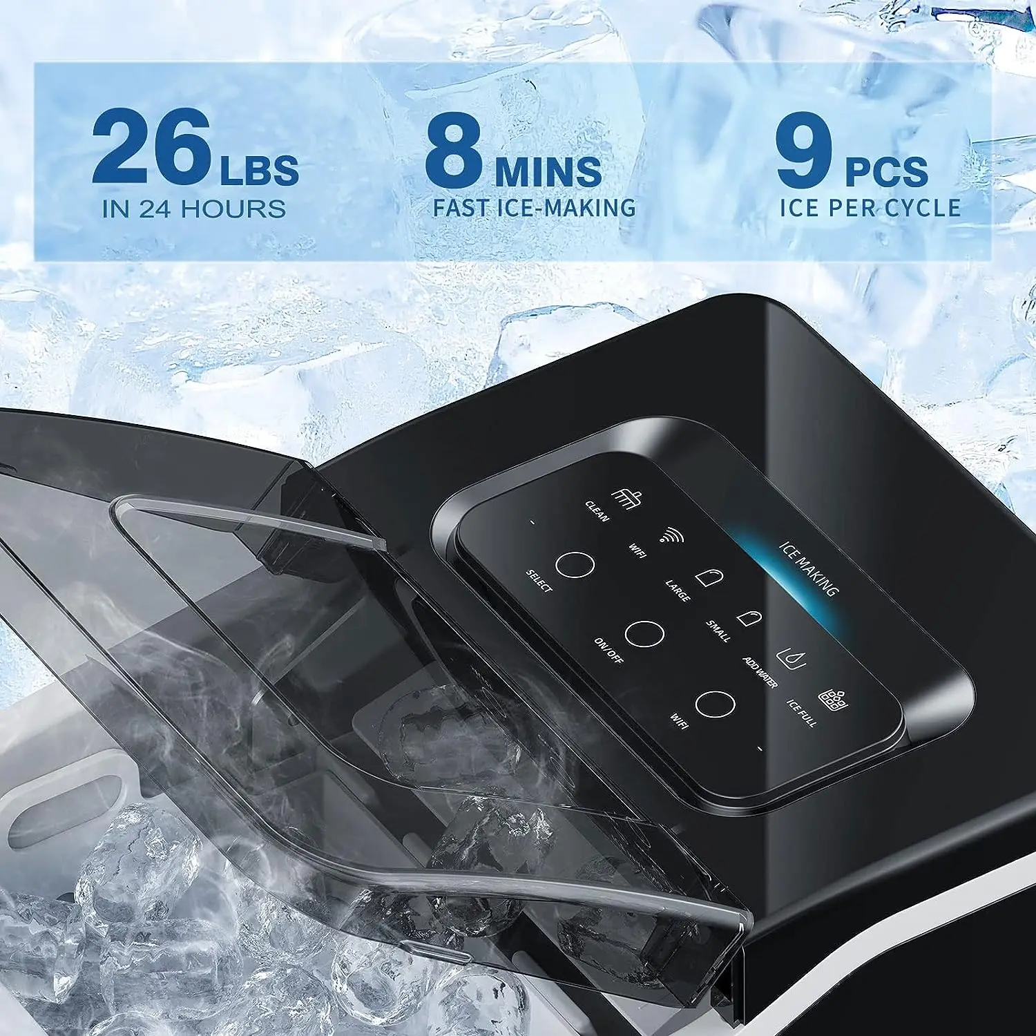 

Ice Maker Machine Countertop, with App Remote Control and Self-Cleaning Function, 9 Ice Cubes Ready in 8 Minutes, 26lbs Ice Cub