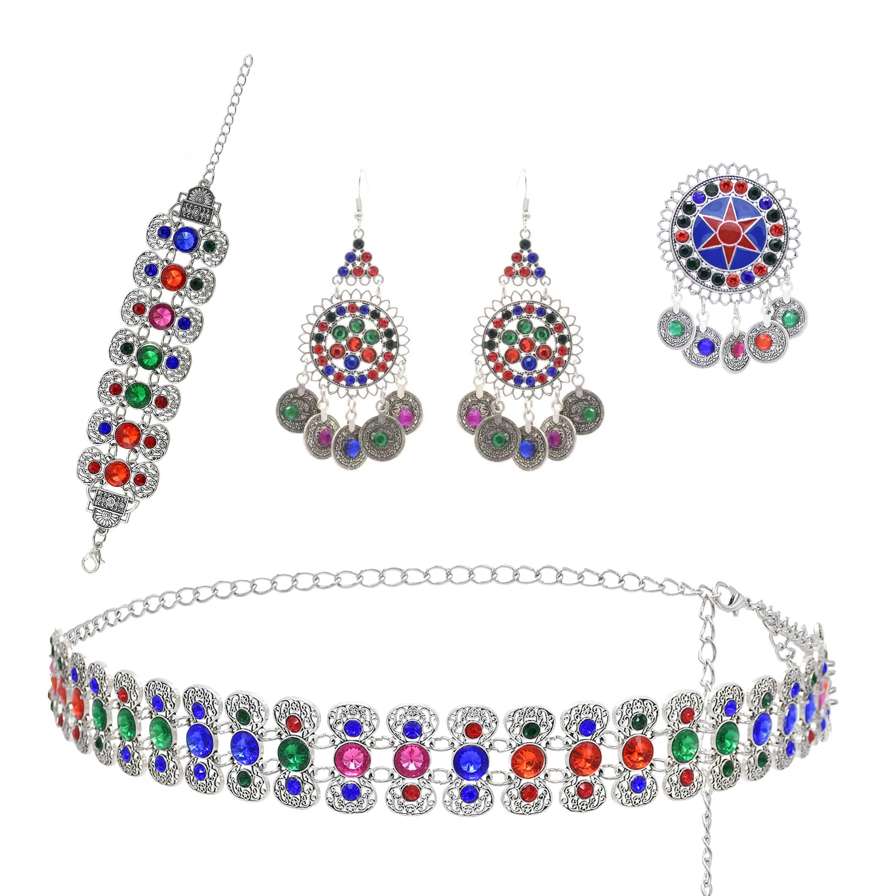 

Colorful Crystal Flower Coin Waist Belly Chains Bracelet Earings Ring for Women Boho Ethnic Summer Beach Party Body Jewelry Sets