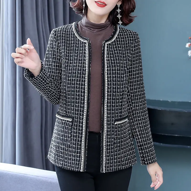 

Korean Style Loose Tweed Jacket Women Chic Blend Wool Houndstooth Coat Ladies Spring Autumn Outwear with Pockets XL-5XL E204