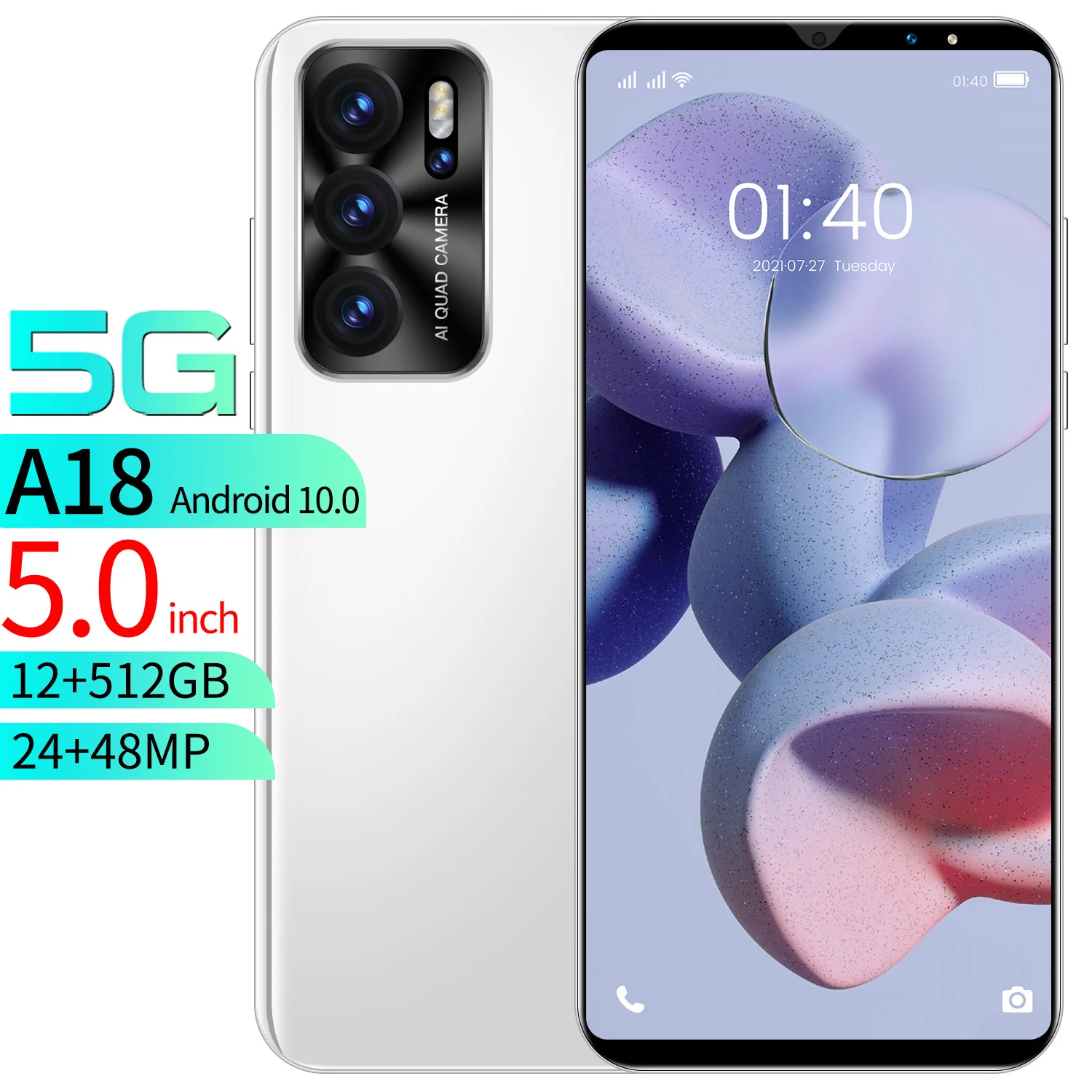 

Global Version A18 5.0 Inch 8+128GB 5000mAh 24+48MP Dual SIM+Micro SD Smartphones MTK6889 Fingerprint ID Android 10.0 Cellphone