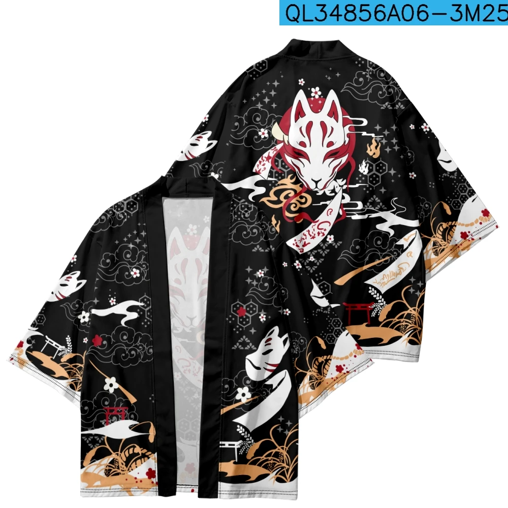 

Traditional Japanese Style Print Black Kimono Cardigan Cosplay Shirt Women Men Yukata Beach Haori Asian Clothes Plus Size