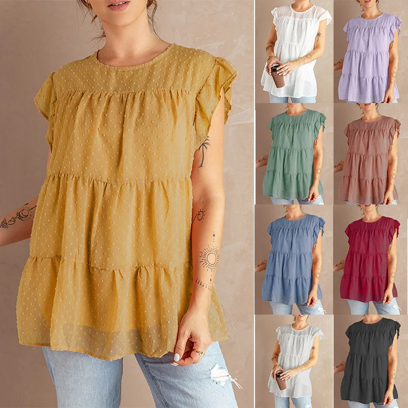 

Fashion Short Sleeve Chiffon Blouse For Summer Europe and America 2022 New Solid Color Jacquard Flounce Blouse For Women