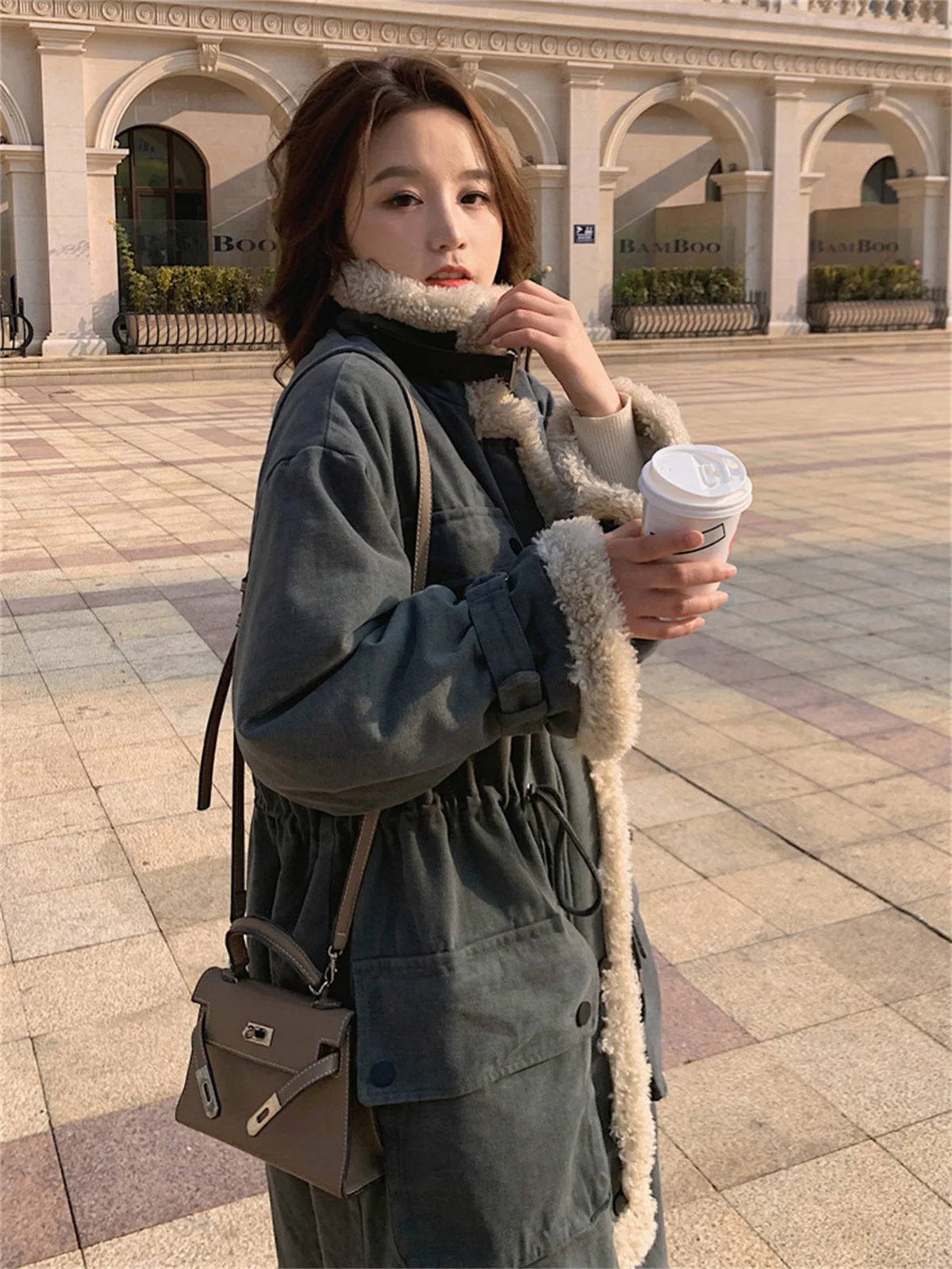 Grey Tooling Rabbit Hair Style Overcame Women's Winter Mid Length Over Knee Loose Thickened Plush Coat Cotton Coat 2022