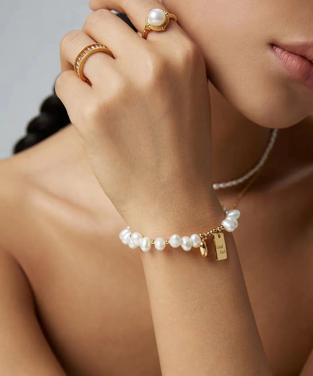 

Birthday Gift Whole Body 925 Sterling Silver Plated 18k Gold Natural Freshwater Pearl Bracelet With Chain Length 16+3cm