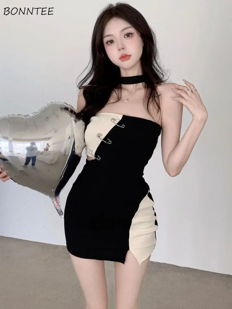 

Halter Mini Dresses Women Panelled Irregular Sheath Side-slit Hotsweet Temper Summer Korean Style Chic Casual Fashion Soft Party