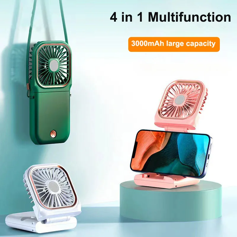 

4 in 1 Multifunctional Folding Fan Portable Hanging Neck Fan USB Desktop Silent Fan Power Bank Mobile Phone Holder