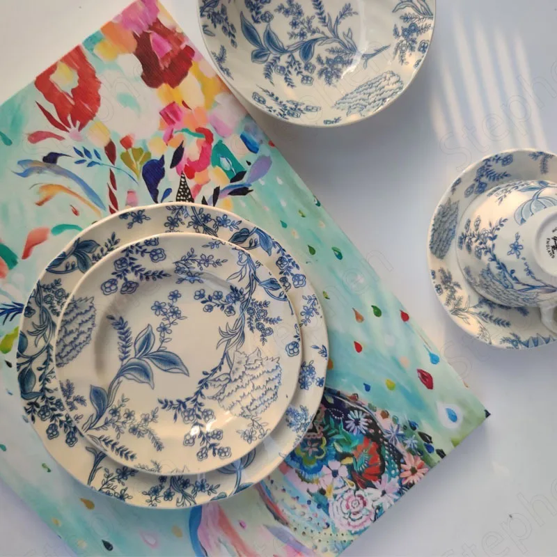 

French Vintage Blue Tulips Ceramic Plate American Yellow Porcelain Underglaze Steak Pasta Dinner Plates Afternoon Tea Tableware