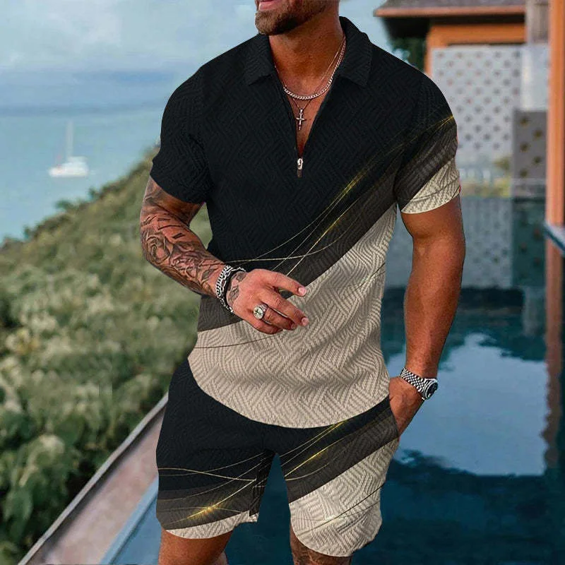 New Men's Casual Summer Short-sleeved Polo Shirt And Shorts Suit Two-piece Men's Clothing 3D Geometric Print Men's Clothing