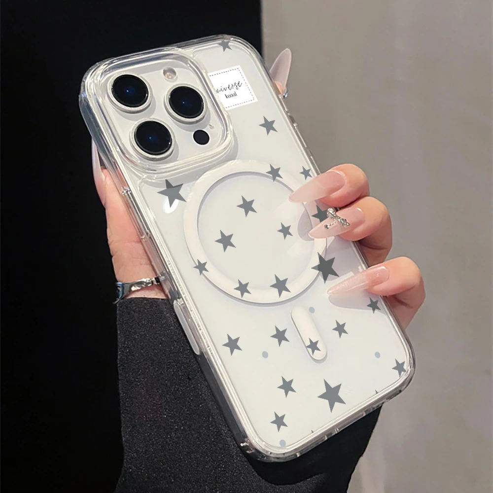 Фото Прозрачный магнитный чехол с серым звездным принтом для iPhone 17, 14, 15, 16, 11, 12, 13 Pro Max, Air 17, 16 E, 14, 15, 16 Plus, 15 Pro, акриловая накладка №1