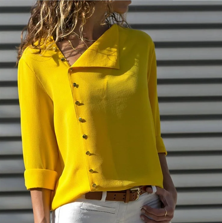 

Fashion 6 Colors Button Irregular Diagonal Collar Long Sleeve Blouse