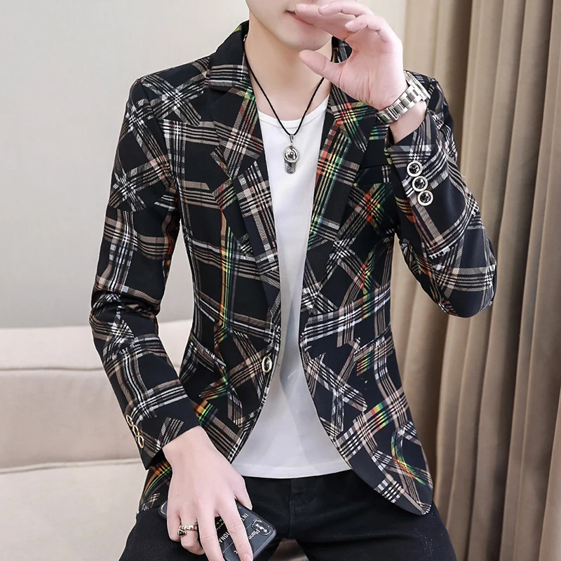 

2022 Spring New Plaid Blazers Men Business Slim Fit Casual Suit Jacket Korean Wedding Social Party Dress Suit Coats Streetwear