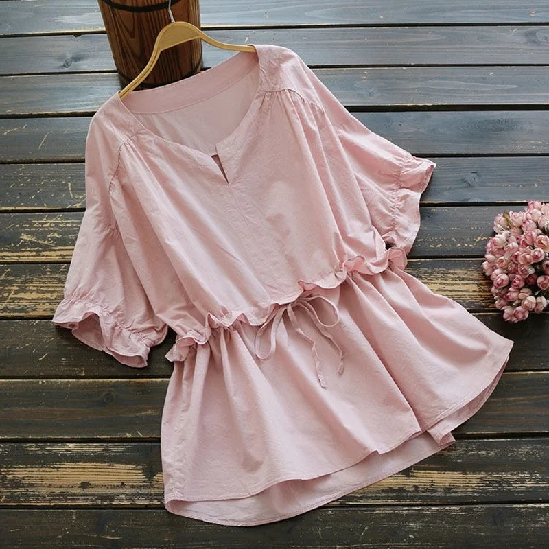 

Cotton Summer Women's Shirt 2022 New V Neck Pullover Shirt Korean Loose Thin Waist Short Sleeve Tops Mujer