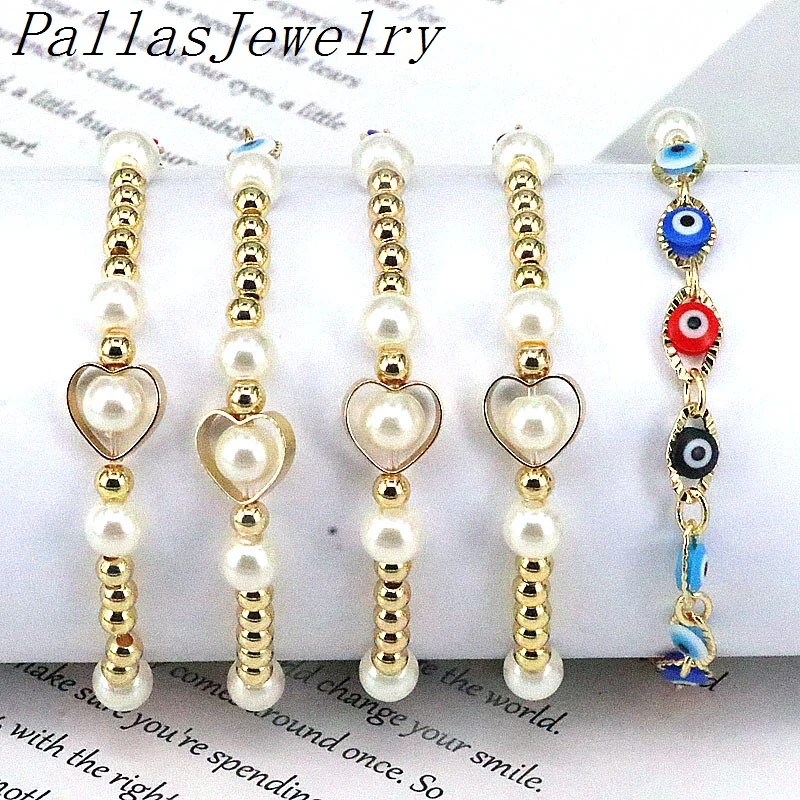 

10Pcs New Design Shell Pearl Bracelet,Colorful Eye Gold Plated Jewelry Fashion Heart Hollow Bracelets Elastic Charm Gift