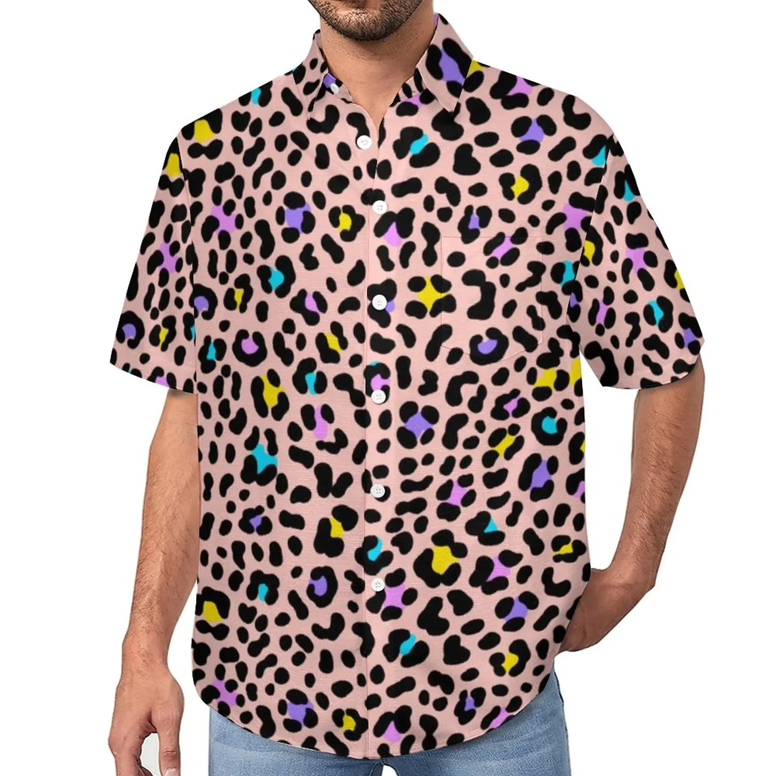 

Animal Print Loose Shirt Male Beach Pink Leopard Spots Casual Shirts Hawaii Design Short Sleeve Fashion Oversized Blouses
