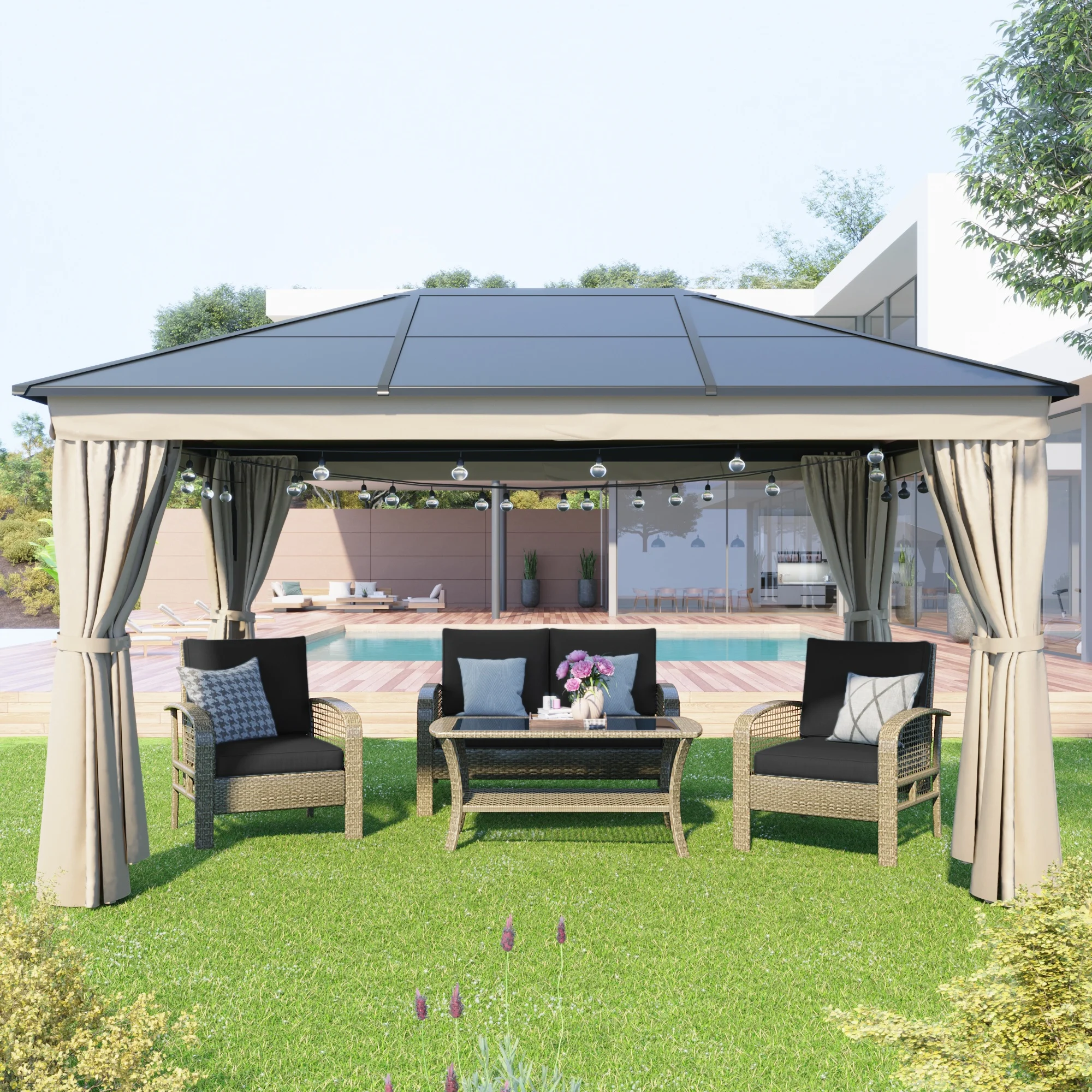 

106” H x 157”W x 118” D 13 Ft. W x 9.8 Ft. D Aluminum Paito Gazebo With Polycarbonate Roof Patio Umbrellas Outdoor Furniture