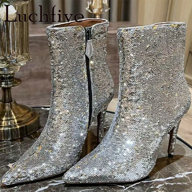 

Женские ботильоны с острым носком, Подиумные брендовые короткие ботинки на тонком высоком каблуке, украшенные блестками, весна-осень 2022
