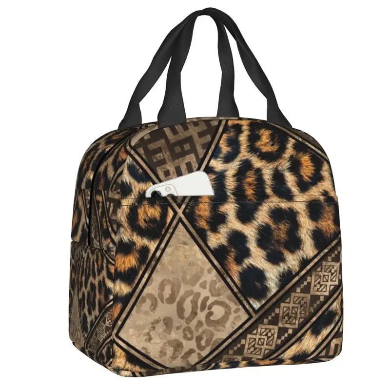 Leopard Fur With Ethnic Ornaments Insulated Lunch Bags for Camping Travel Tribal African Animal Fur Cooler Thermal Lunch Box