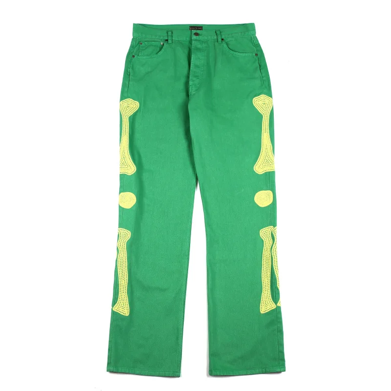 Japanese Fashion Brand Kapital Hiroda Hiroshi Bone Embroidery Trend Versatile Loose Casual Pants Jeans Male Retro Green Trousers