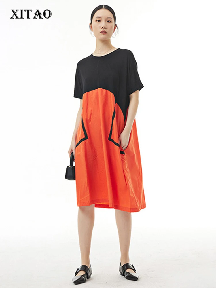 

XITAO Patchwork Casual Dress Women Korea 2022 Summer New Arrival Personality Fashion Loose O-neck Short Sleeve Dress WMD5660