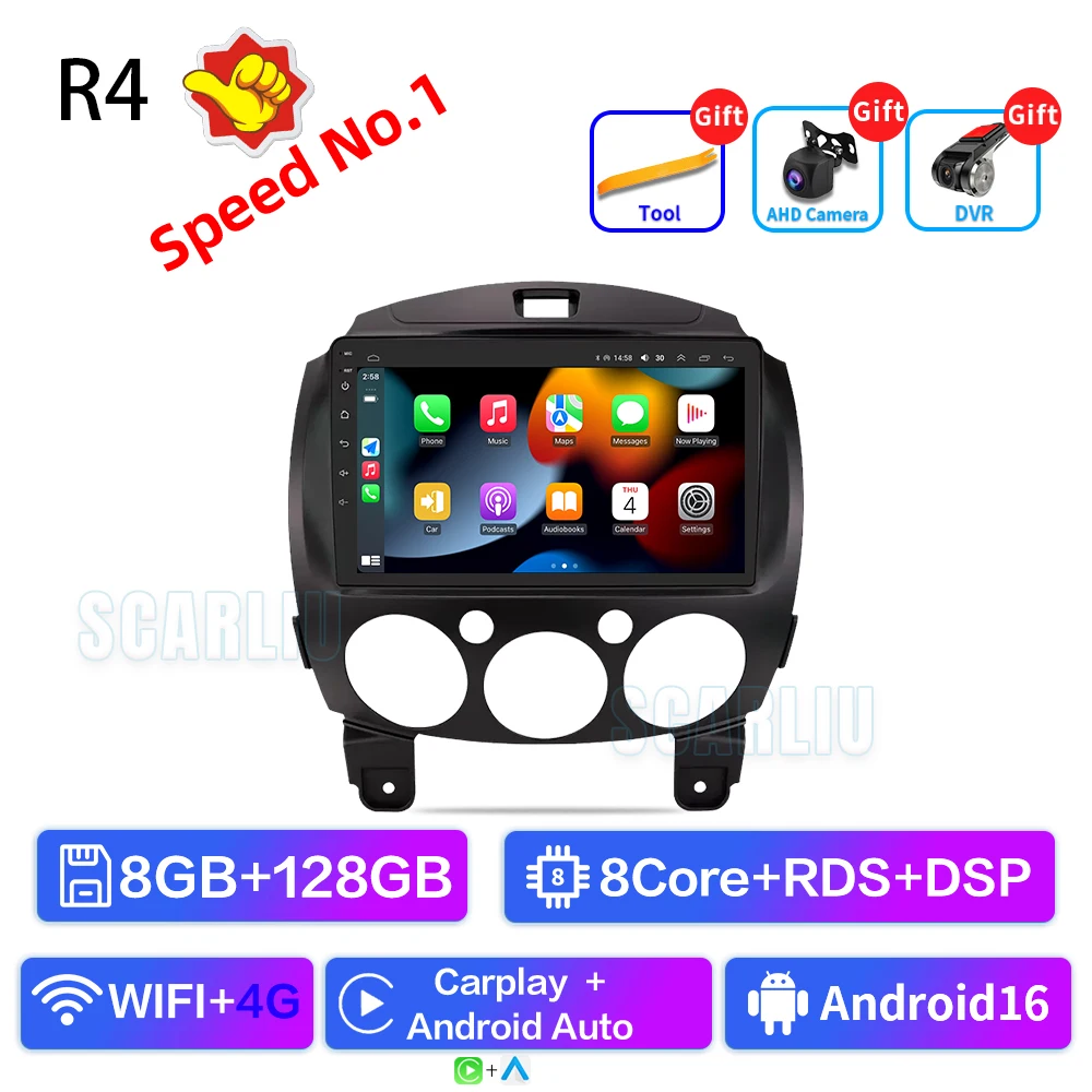 

SCARLIU для Mazda 2 2007-2014 Мультимедийный видеоплеер 4G WIFI GPS-навигация Carplay DVD-приемник 2 Din Android 16 Автомобильный радиоприемник