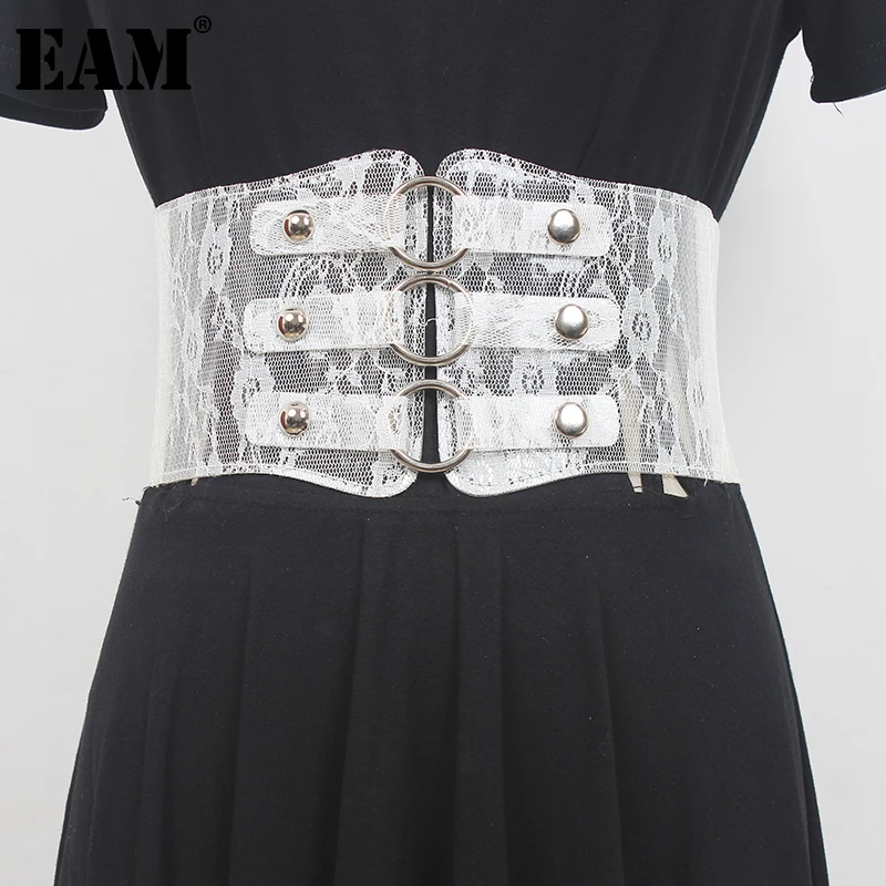 

[EAM] Pvc Transparent Lace Buckle Long Wide Elastic Belt Personality Women New Fashion All-match Spring Autumn 2023 1DF6639