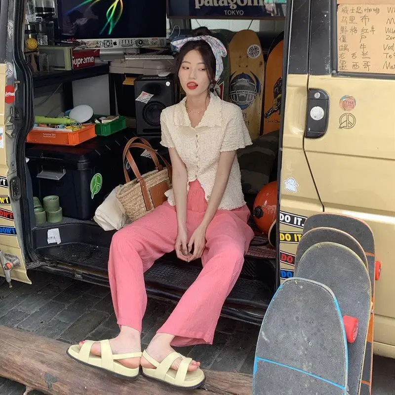 

2022 Summer Women Fashion Retro Suits Female Short Sleeve Buttons Shirts + Loose Wide-leg Pants Ladies Casual 2 Piece Sets O107