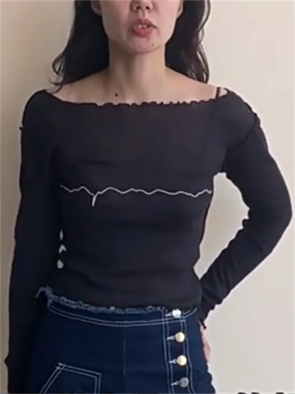 

Ladies Floral Trim Slash Neck Micro Stretch Pullover Top Women White Embroidered Lines Long Sleeve Slim Sweater 2023 Autumn New