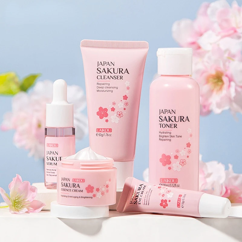 

Face Skin Care Set Cleanser Sakura Essence Cream Moisturizing Whitening &Anti-Aging Toner Eye Cream Face Serum Eye Skin Care