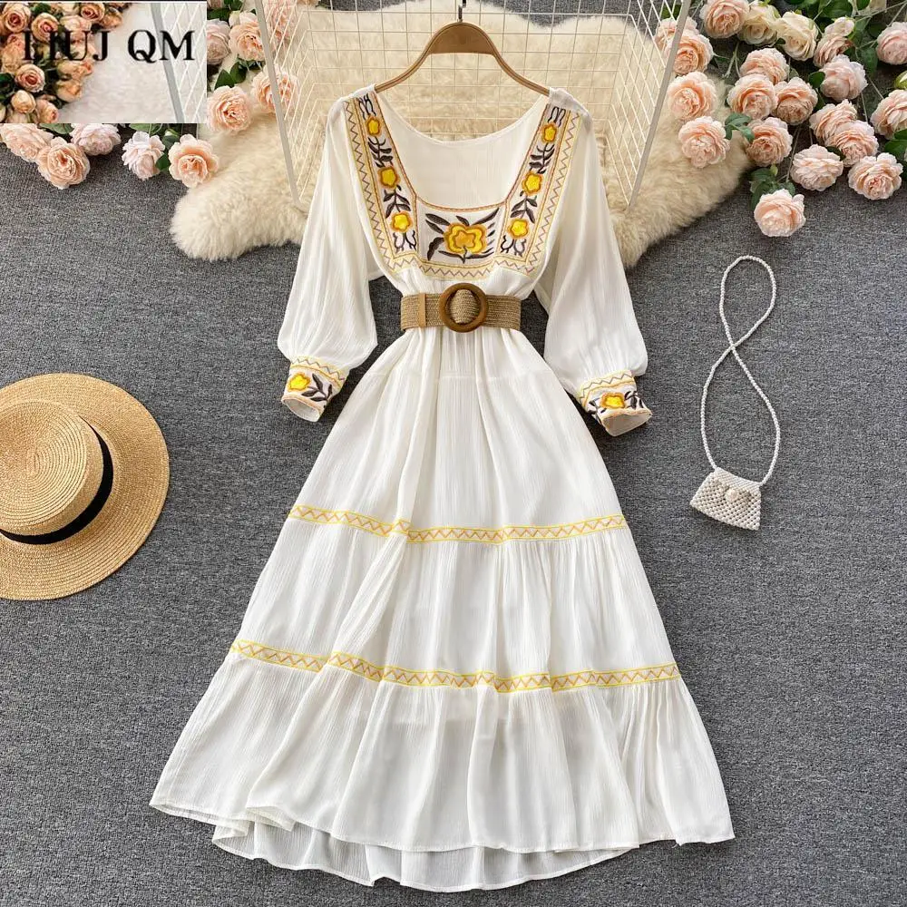 

Spring Women Boho Dress Square Collar Long Sleeve Retro Ethnic Embroidery A-line Long Dress Elegant Slim White Fairy Dress 2022