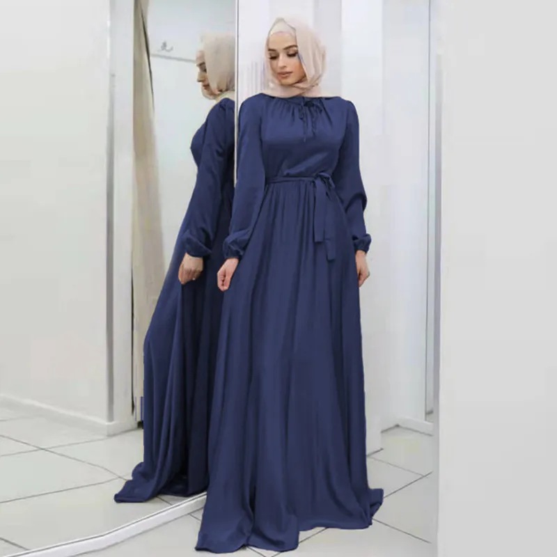 Muslim Abayas For Women 2023 Satin Long Dress Ramadan Belted Dubai Turkey Arabic African Maxi Dresses Islam Clothing Robes Black