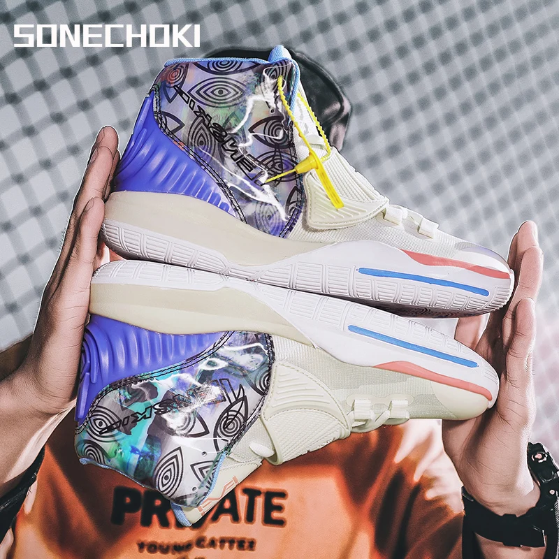 SONECHOKI High-Top Basketball Shoes Two-tone Unisex Cushioning Anti-Friction Outdoor Sneakers Men Breathable Sport Shoes Women