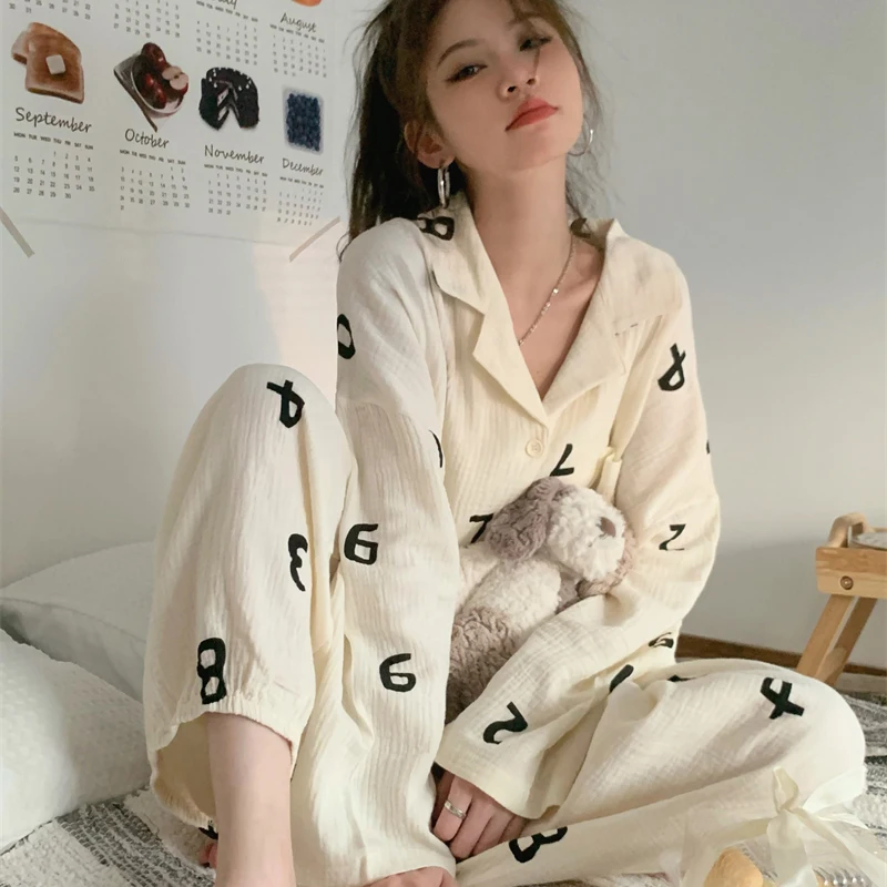CAIYIER Plaid Stripe Korean Pajamas Set Autumn Winter Sweet Girls Nightwear Long-sleeved Homewear Simple Kawaii Cardigan Suit
