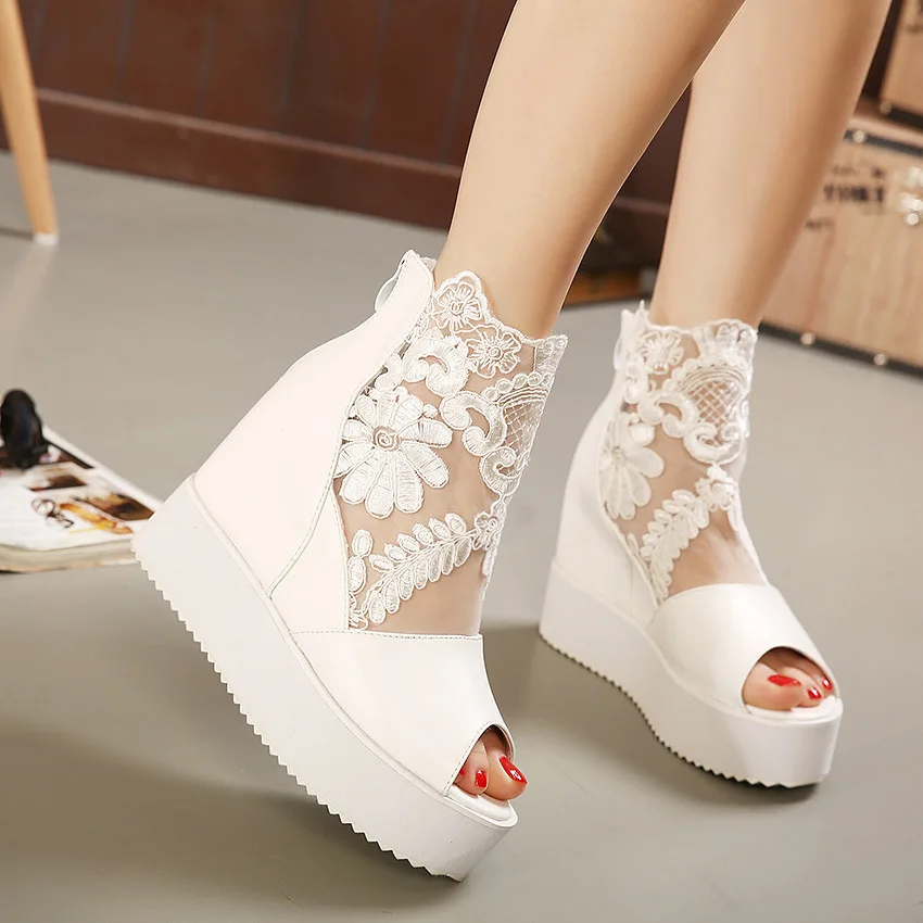 Women's Wedges Lace Sandals Summer New Fashion Mesh Peep Toe Platform High Heel Women Sandals Sexy Party Dress Women Sandals