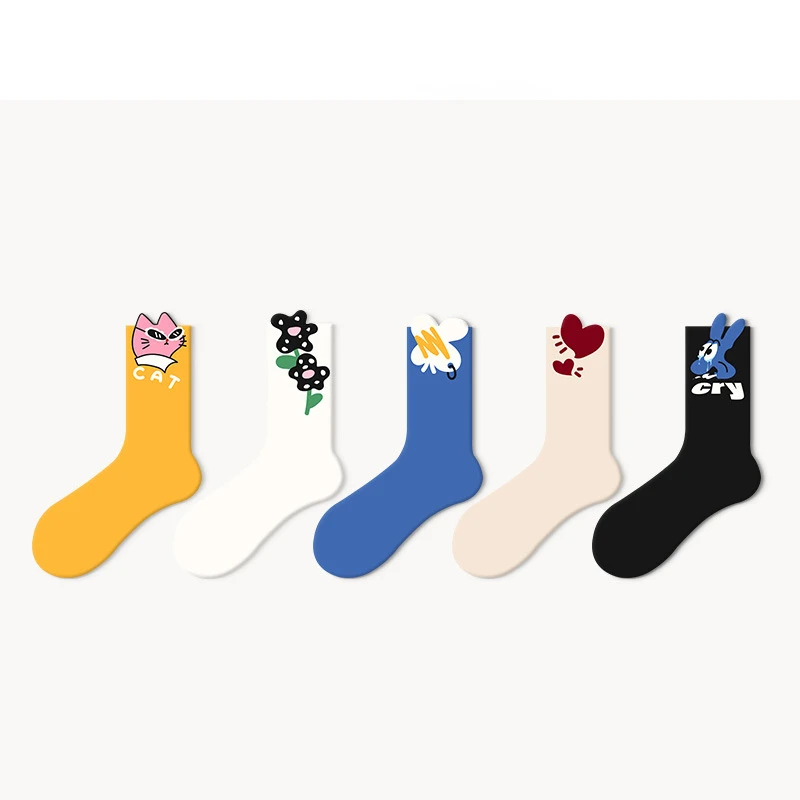 New Cartoon Stockings Female Tide Middle Calf Socks Special Cute College Spring Autumn Cat Calcetines Mujer Women Cotton Hosiery