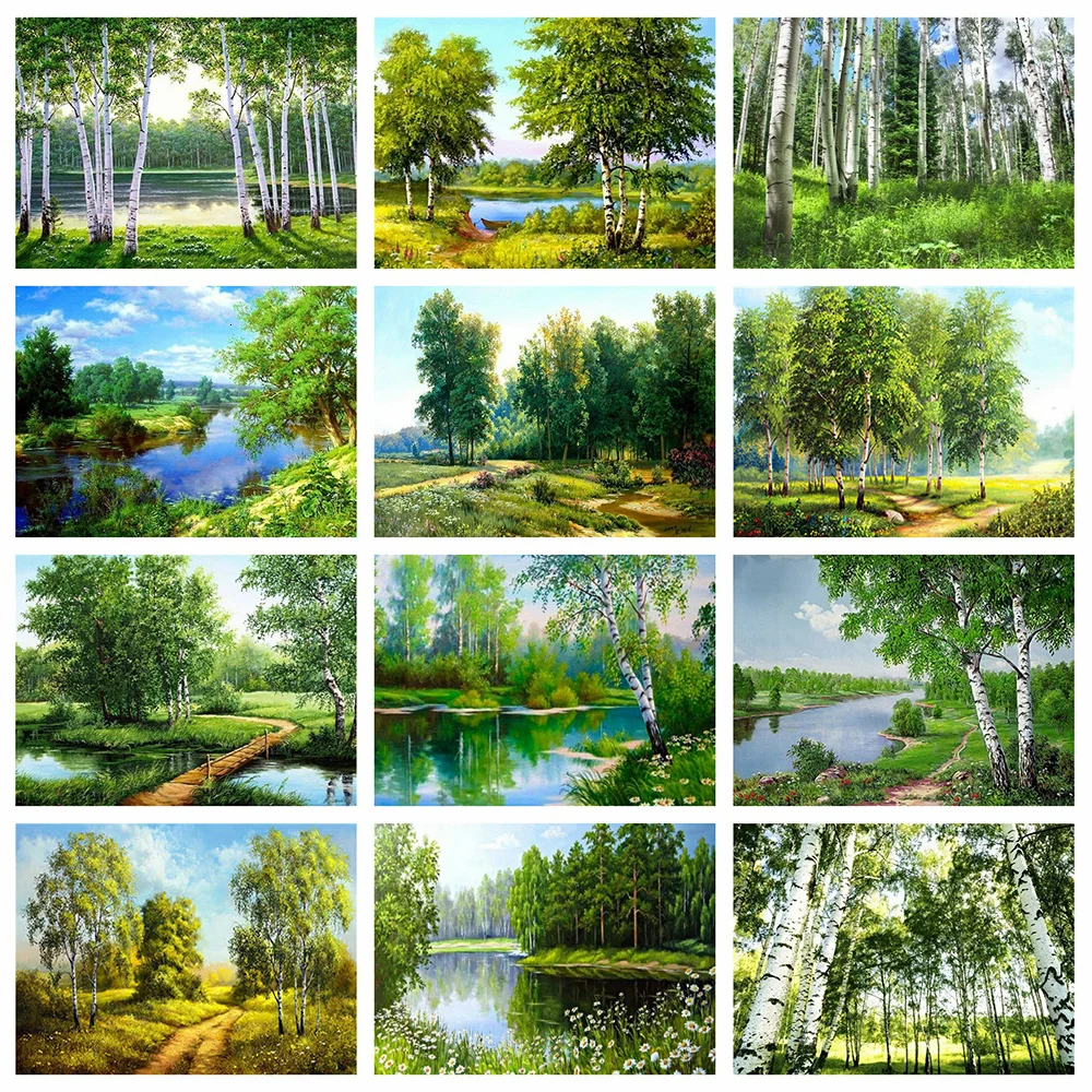 Landscape Series Cross Stitch 14CT metallic aida Ecological Cotton Thread   Embroidery Home Decoration Hanging  green trees