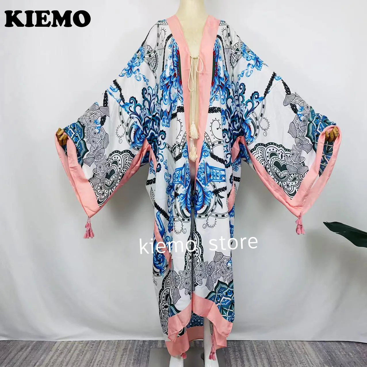 

2022 New Cotton Bikini Sweet Lady Pink Boho Print Self Belted Front Open Long Kimono Dress Beach Tunic Women Wrap Dresses lady