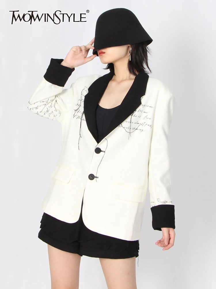 

TWOTWINSTYLE Korean Fashion Two Wear Blazer For Women Notched Collar Long Sleeve Patchwork Colorblock Blazer Females Clothes New