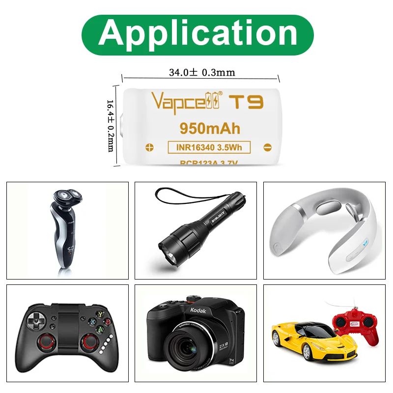 1-20 шт. оригинальный vapcell 16340 T9 950 мАч 3A аккумулятор INR16340 3 7 В литиевая кнопка