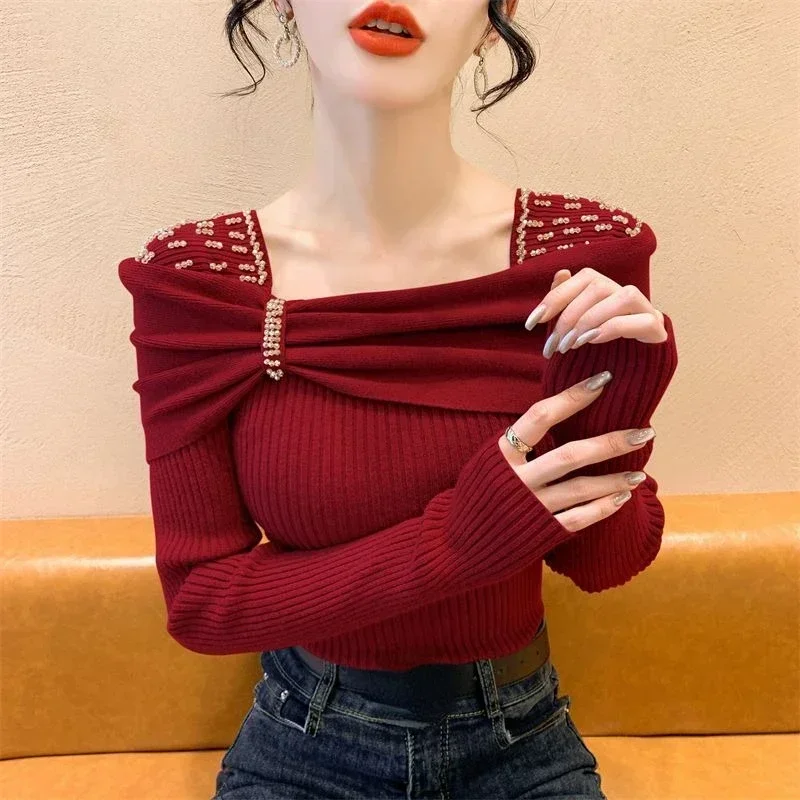 Женский вязаный пуловер с квадратным воротником и бантом